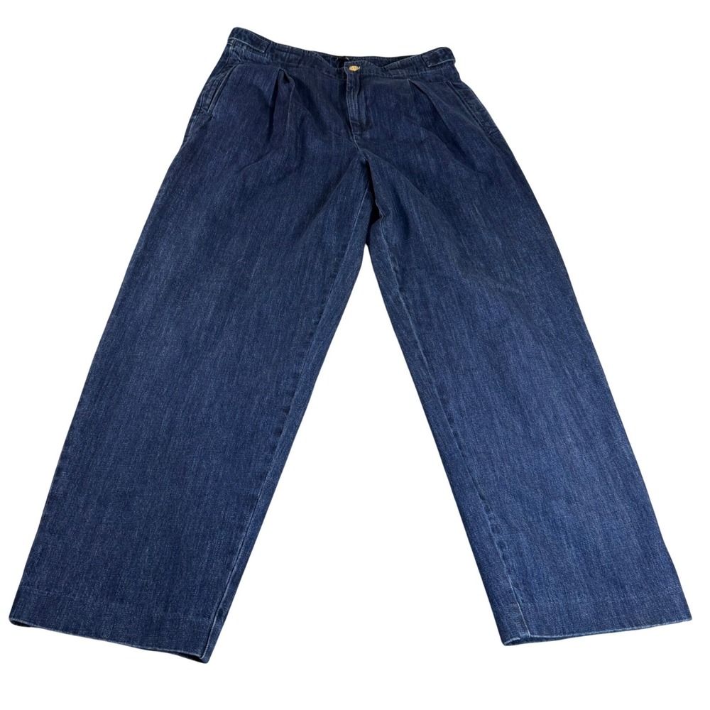 J.Crew Womens Pleated Wide Leg Denim Trousers Dark Indigo Gold Crest Button 30T